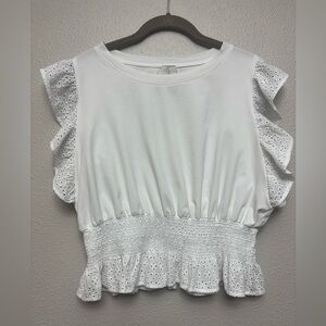 Joie White Eyelet Ruffle Sleeve Top